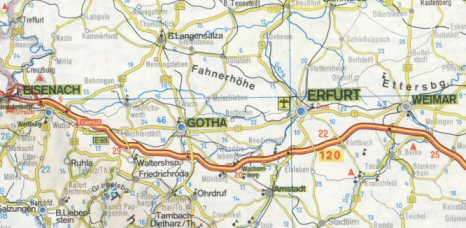 Karte Eisenach, Gotha, Erfurt, Weimar